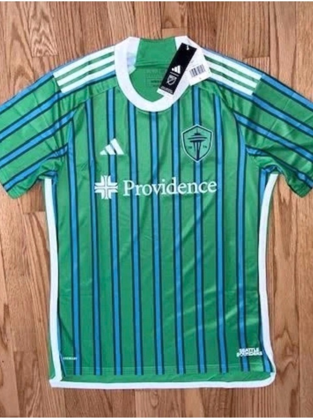 adidas Green and Blue Pinstripe Seattle Sounders Soccer Jersey